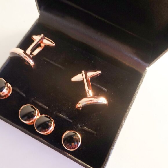 Rose Gold and Onyx Tuxedo Cufflinks and Shirt Studs - Picture 2 of 2